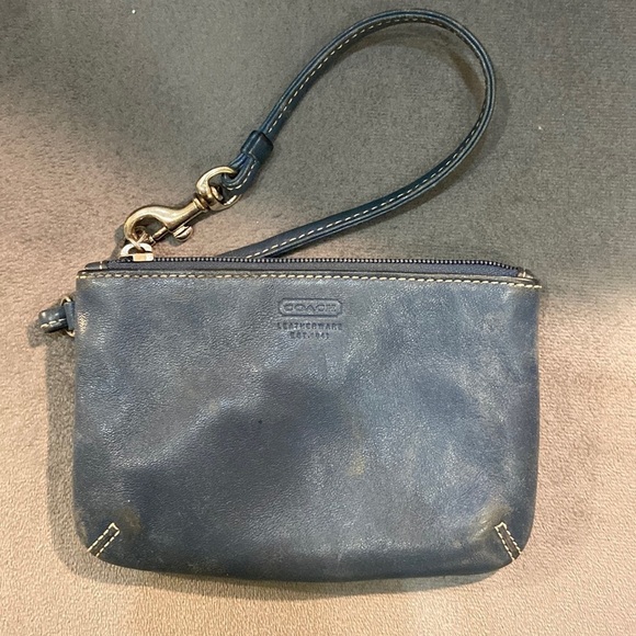 Coach Handbags - Coach small leather wristlet in denim blue